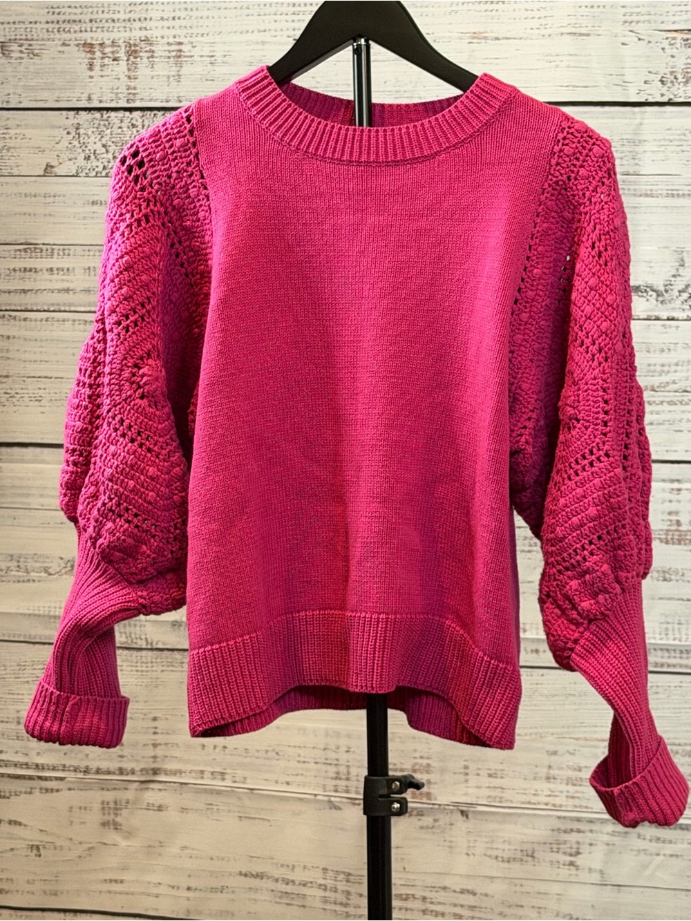 Fate Bright Pink Crochet-Sleeve Crew Neck Sweater